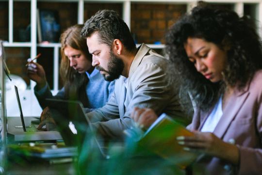 professionals sitting at table looking at computers