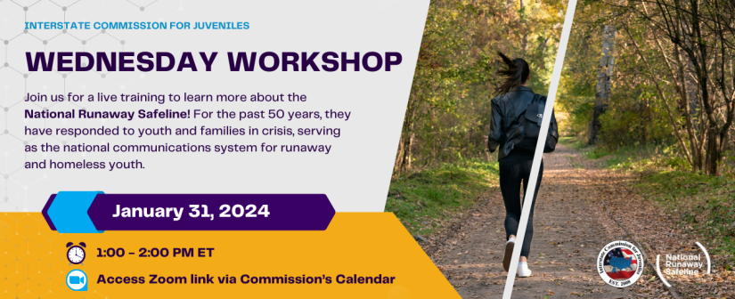 Wednesday Workshop graphic explains upcoming session with the National Runaway Safeline on January 31at 1pm ET